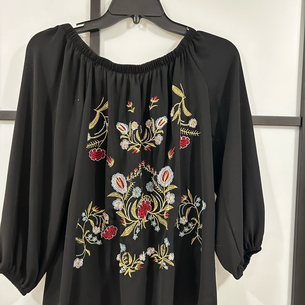 Amazon Essentials Black Blouse with Multicolor Em… - image 4